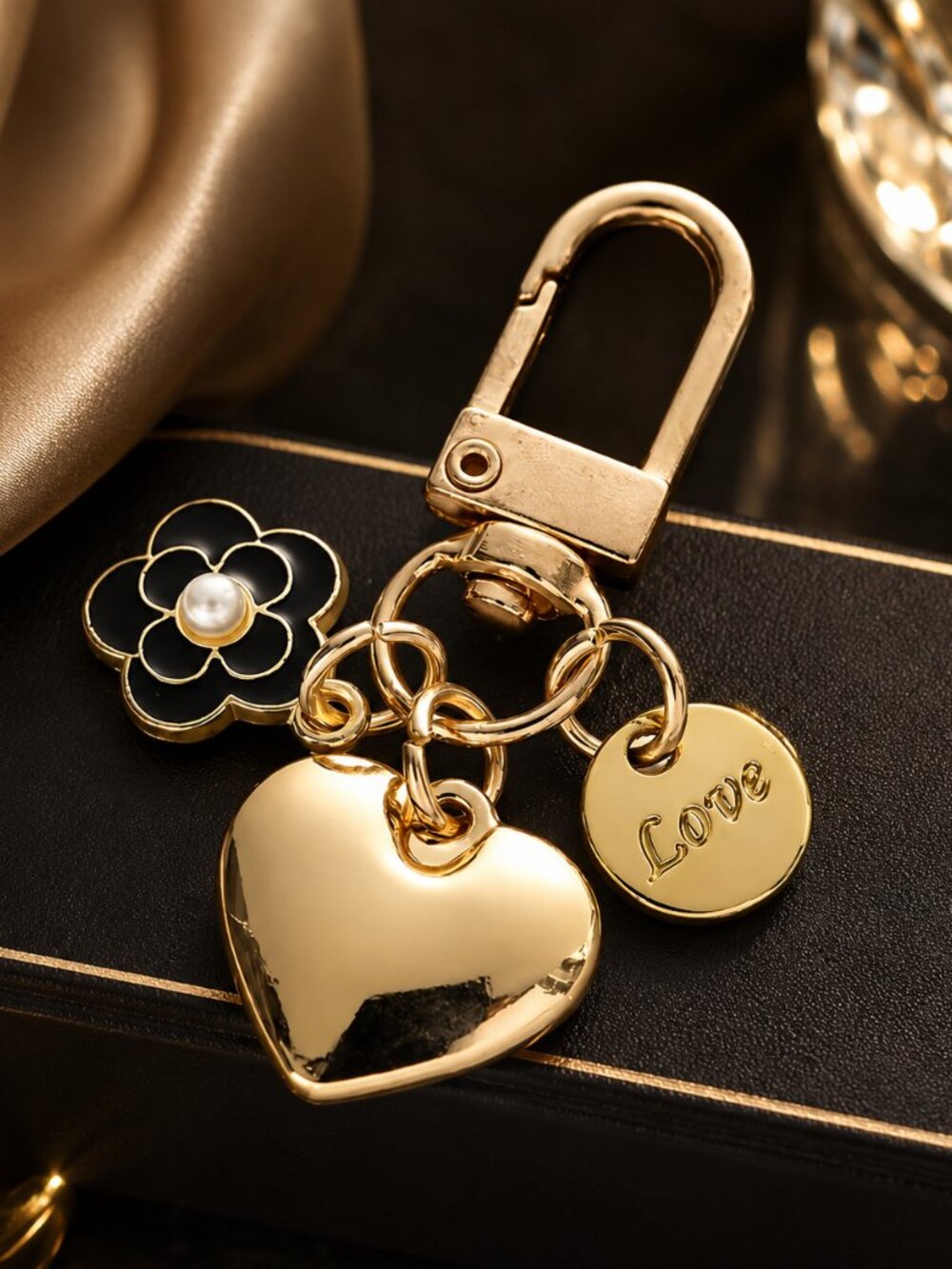Gold Heart Bag Charm Purse Charm Keychain Flower Pearl Love Pendant - Picture 4 of 5